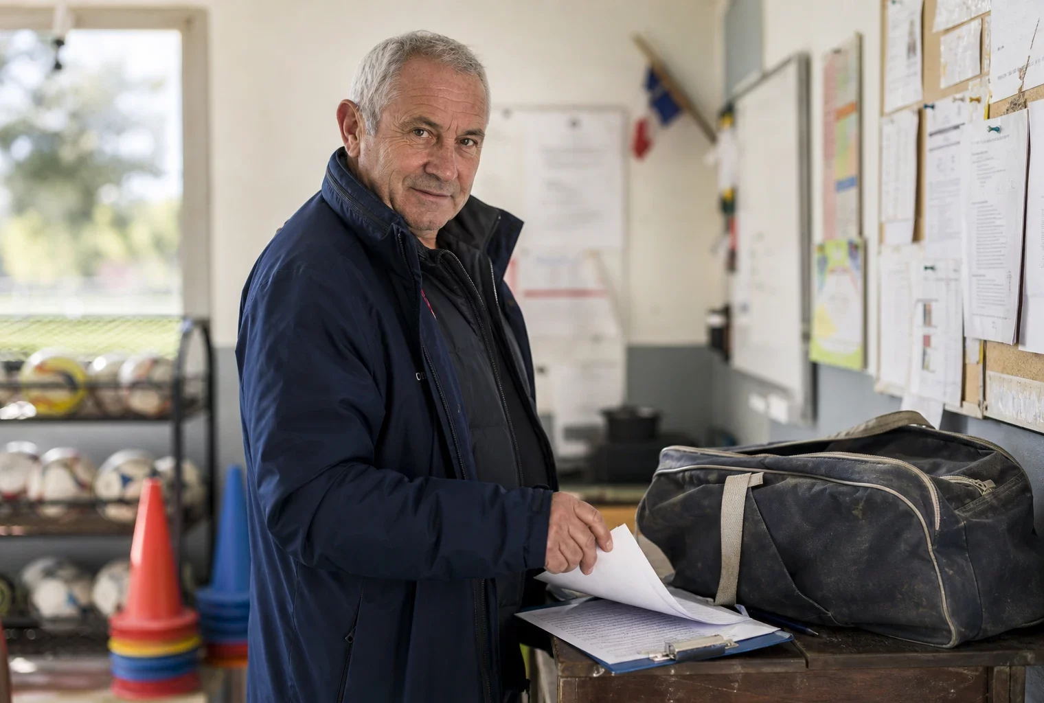 Bénévole de club de football dans un local municipal, avec clipboard et matériel sportif, en portrait naturel