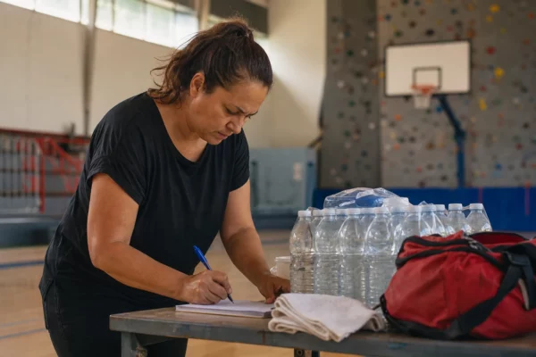 Un bénévole de club sportif remplit une feuille dans un gymnase municipal, sur fond de matériel et de bancs flous.