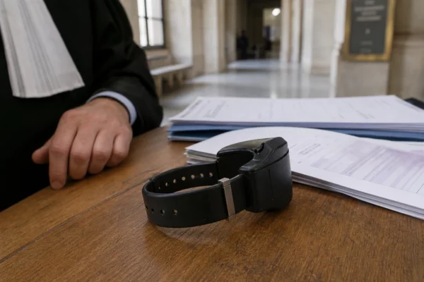 Gros plan d’un bracelet électronique sur une table, dans un contexte judiciaire français flou et lumineux