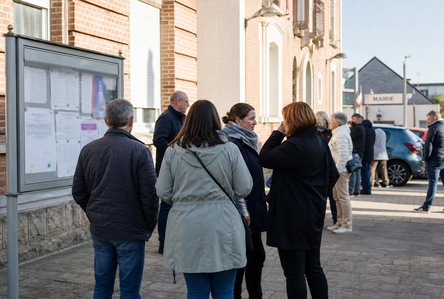Des habitants anonymes discutent devant la mairie de Bruay-la-Buissière, sur un parvis de ville du bassin minier.