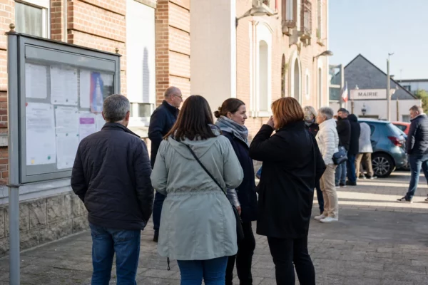 Des habitants anonymes discutent devant la mairie de Bruay-la-Buissière, sur un parvis de ville du bassin minier.