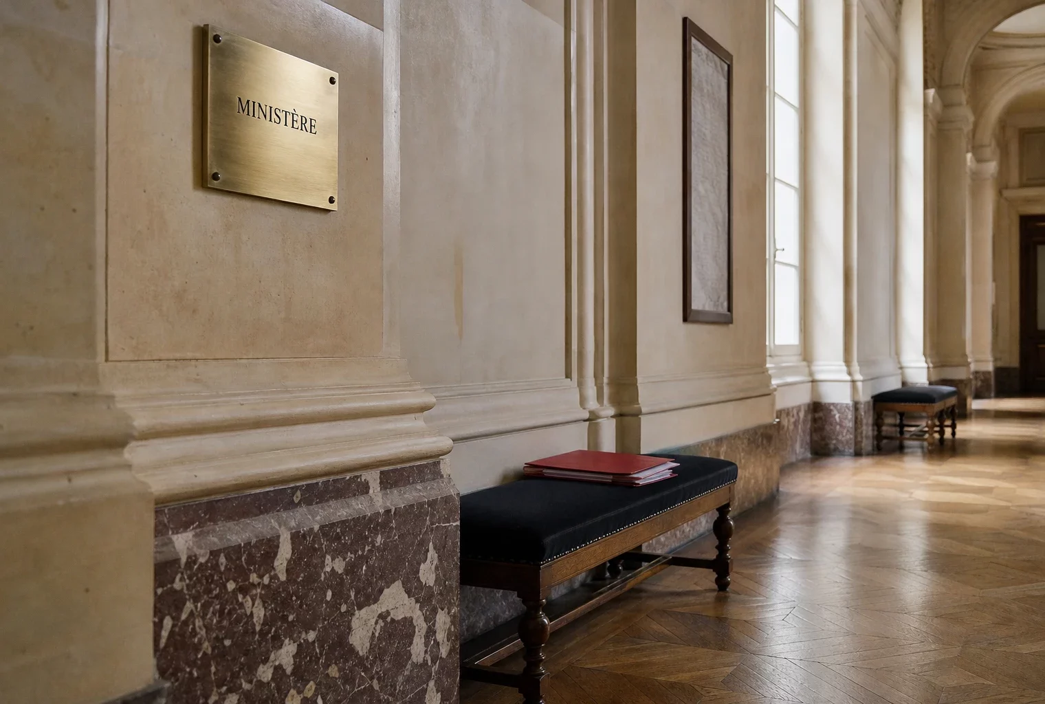 Couloir clair d’un ministère français avec dossier budgétaire fermé sur un banc et lumière naturelle sur la pierre.