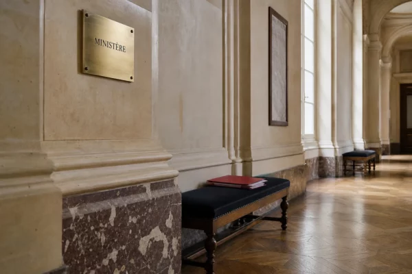 Couloir clair d’un ministère français avec dossier budgétaire fermé sur un banc et lumière naturelle sur la pierre.
