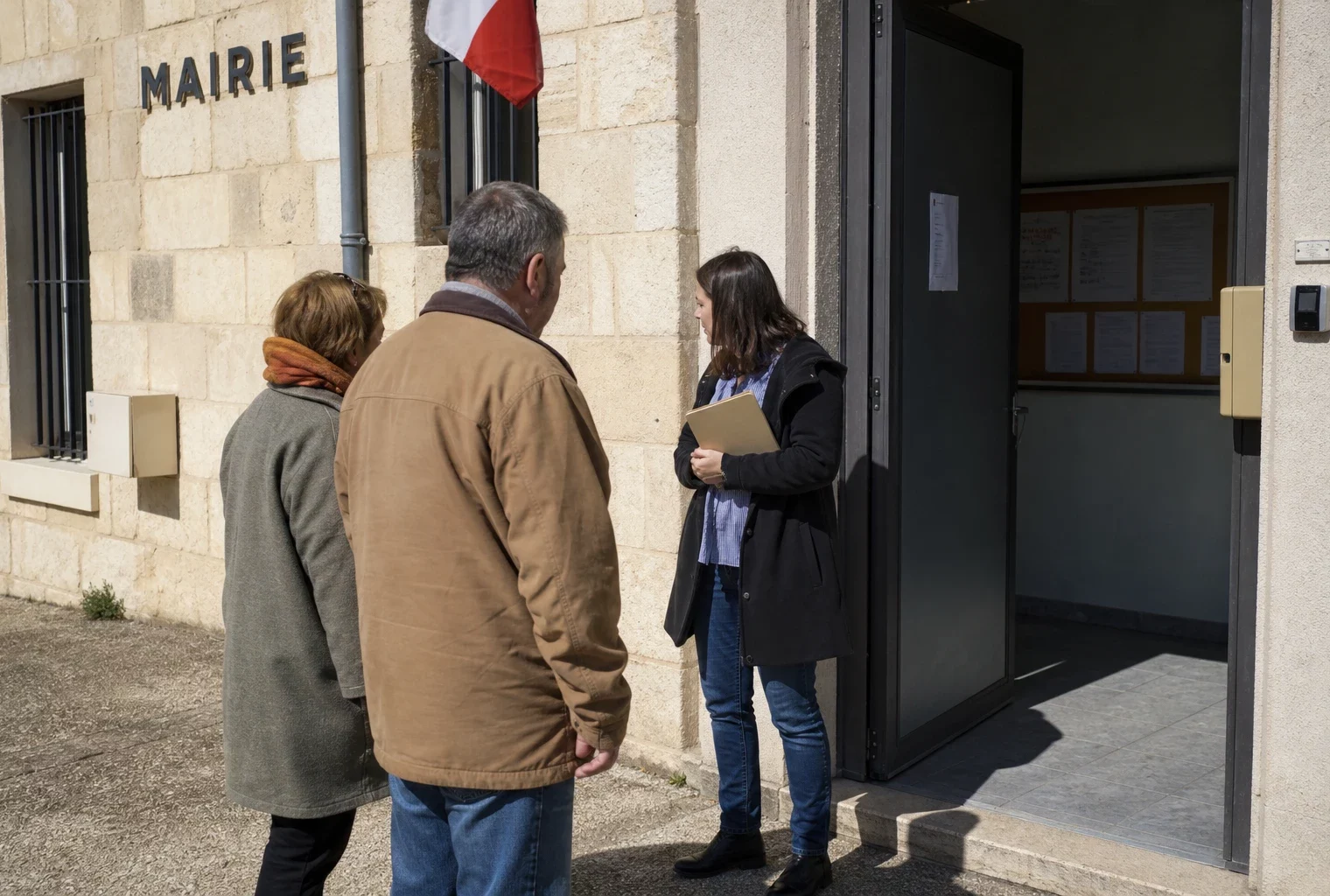 Des habitants devant une mairie de petite ville discutent d’un projet local sous un budget public