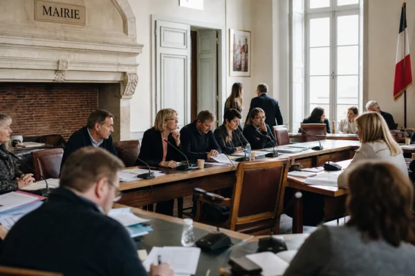 Salle municipale lumineuse avec micros, dossiers flous et chaise vide lors d’un débat budgétaire.