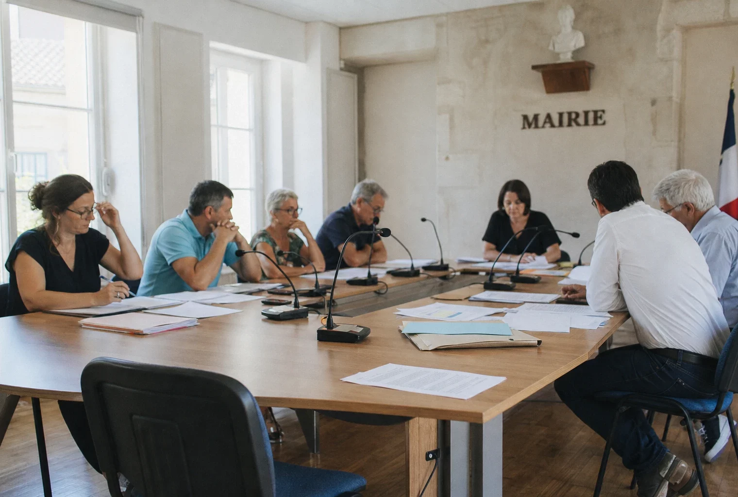 Salle municipale avec micros, dossiers et chaise vide, dans une ambiance claire liée au budget forestier.