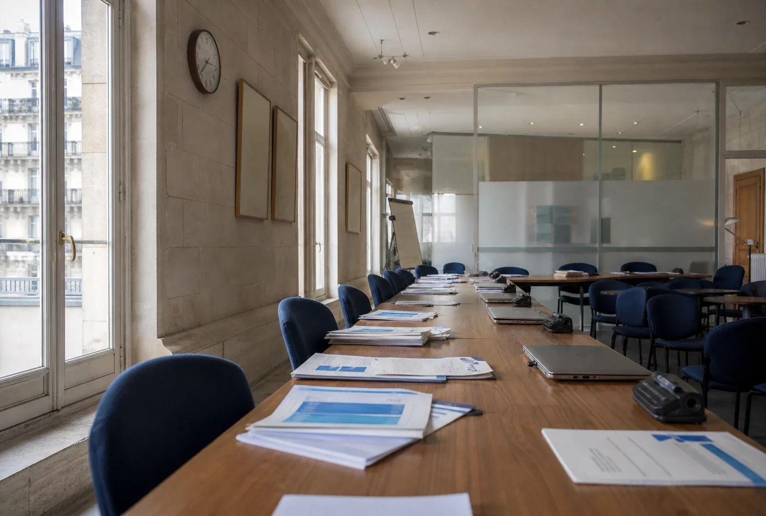 Salle de réunion lumineuse dans un bureau de sondage parisien, avec dossiers et ordinateurs, en ambiance institutionnelle calme.