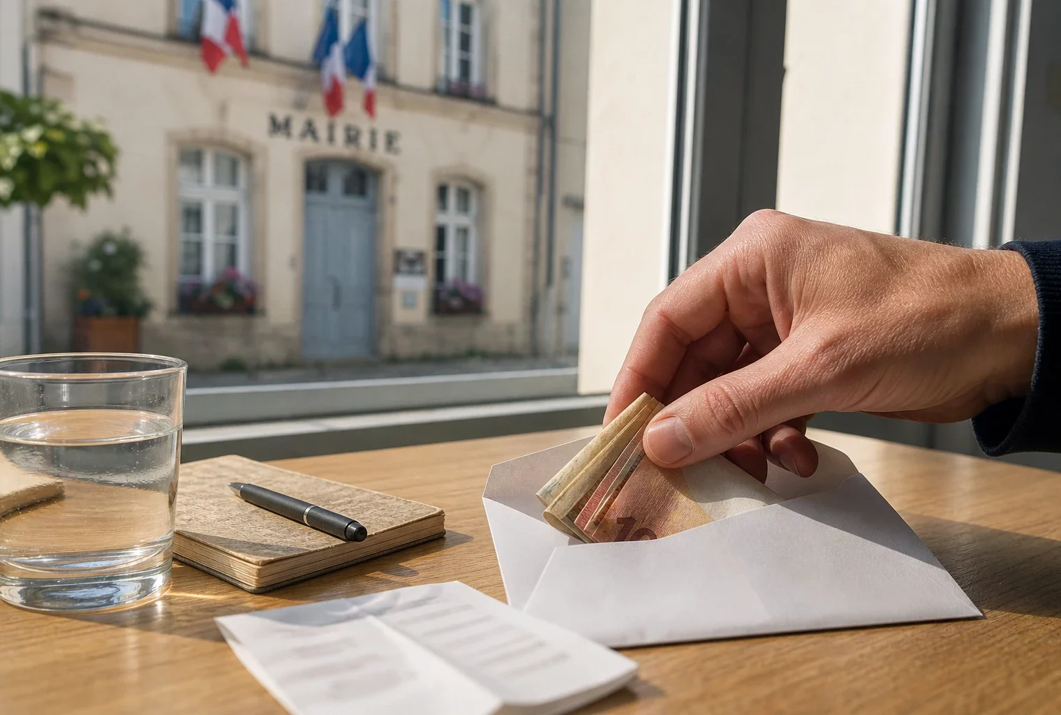 Main déposant des billets dans une enveloppe de don, avec une mairie française floue en arrière-plan