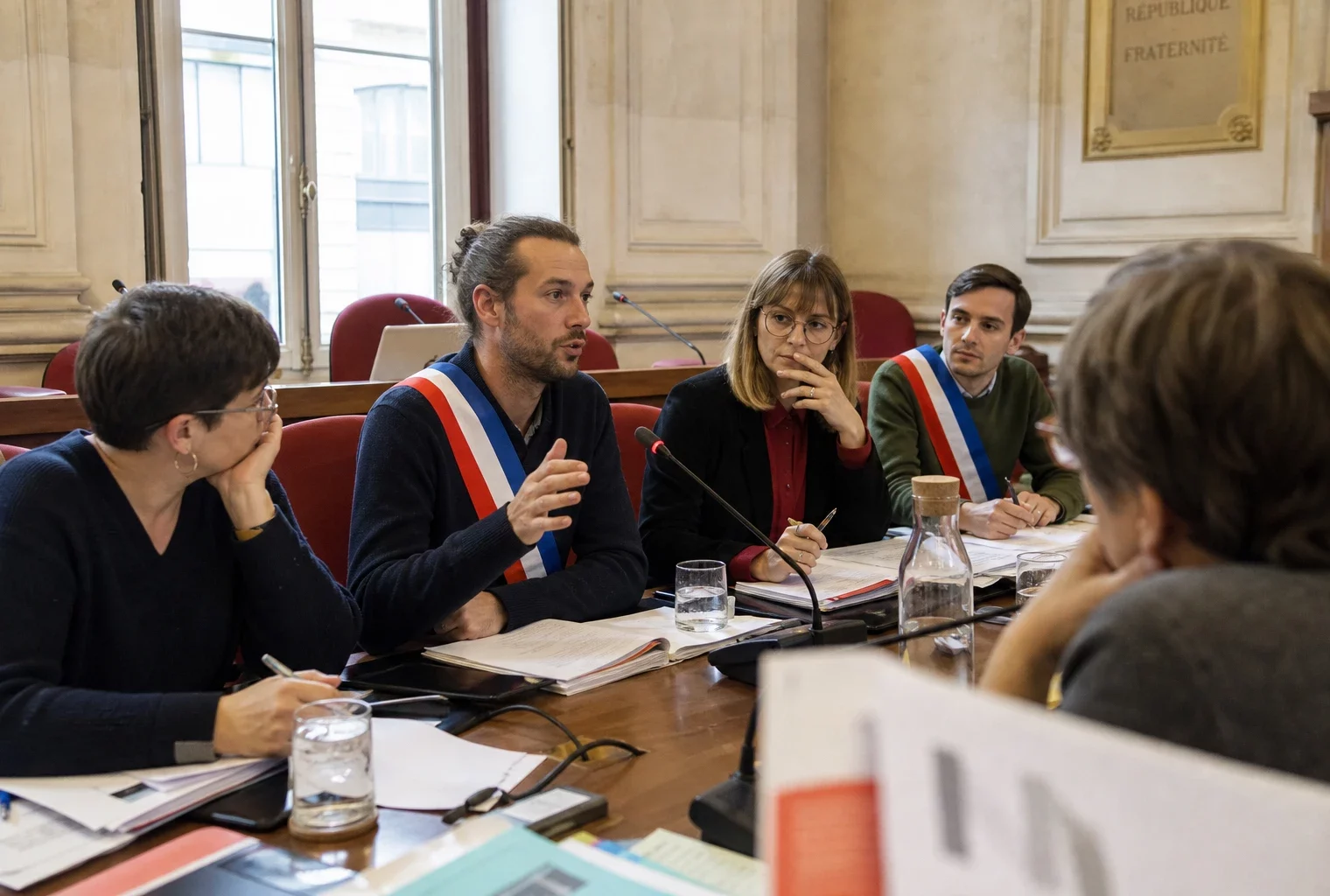 Réunion institutionnelle de plusieurs élus et collaborateurs autour d’une table, avec micros et dossiers dans une salle lumineuse.