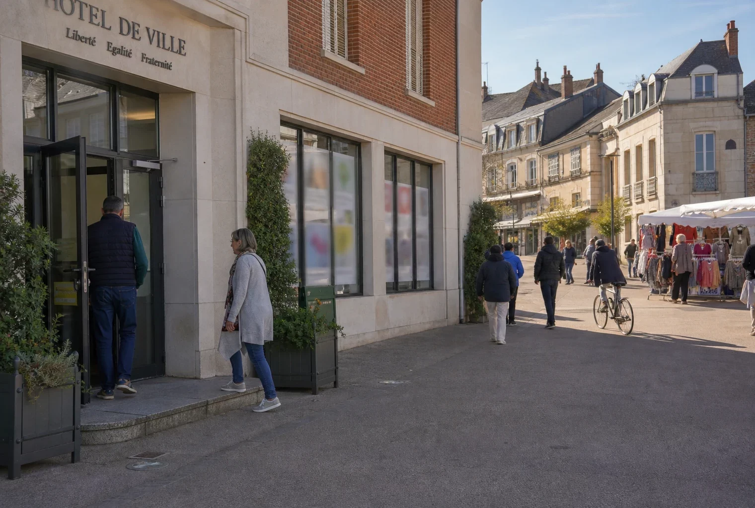 Scène de rue dans une ville moyenne française, devant une mairie et une place de marché, avec passants anonymes.