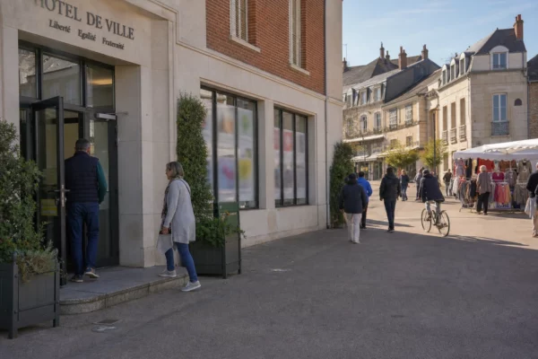 Scène de rue dans une ville moyenne française, devant une mairie et une place de marché, avec passants anonymes.
