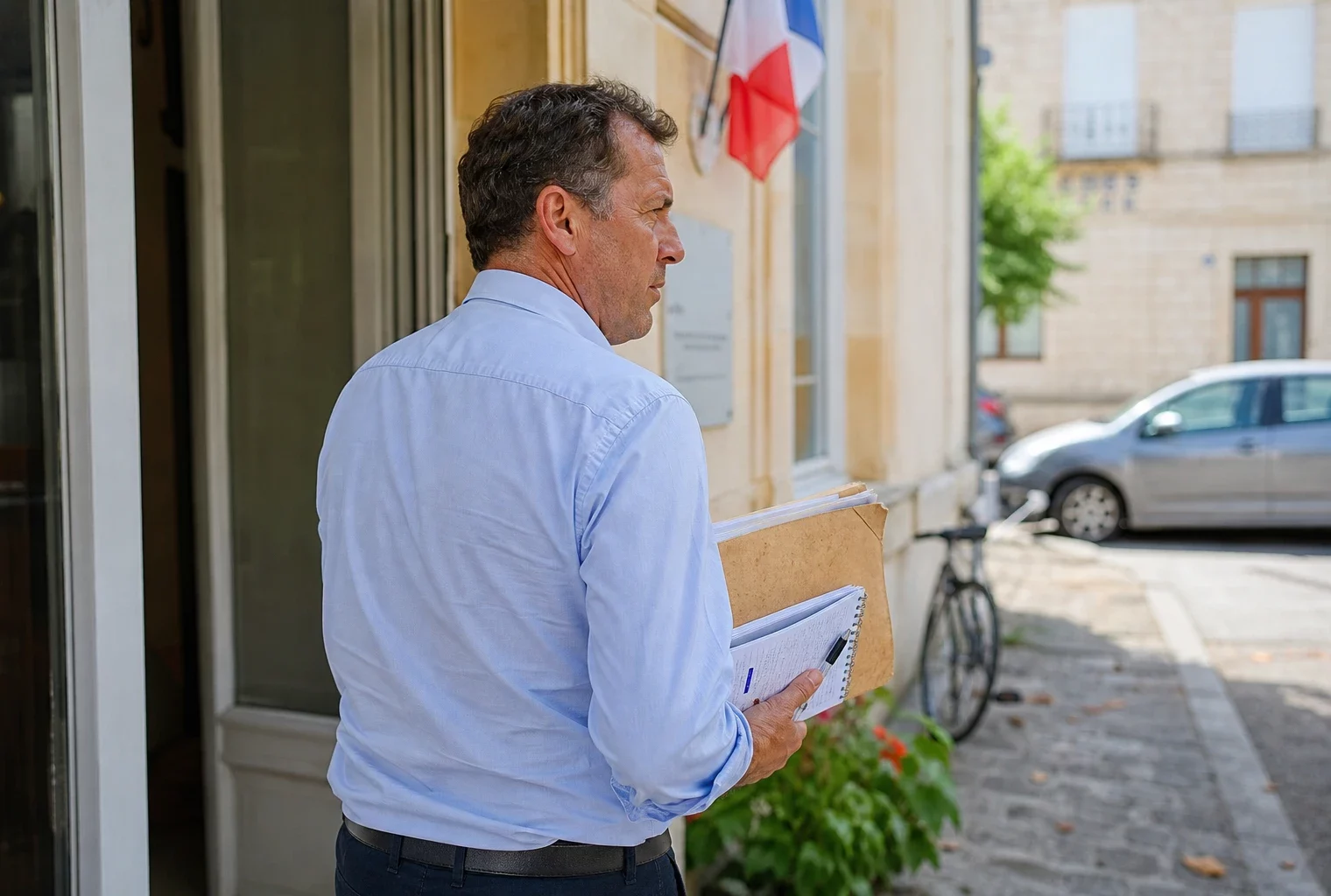 Un élu local de dos consulte un dossier devant une mairie française par forte chaleur