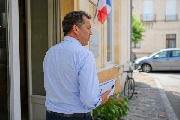 Un élu local de dos consulte un dossier devant une mairie française par forte chaleur