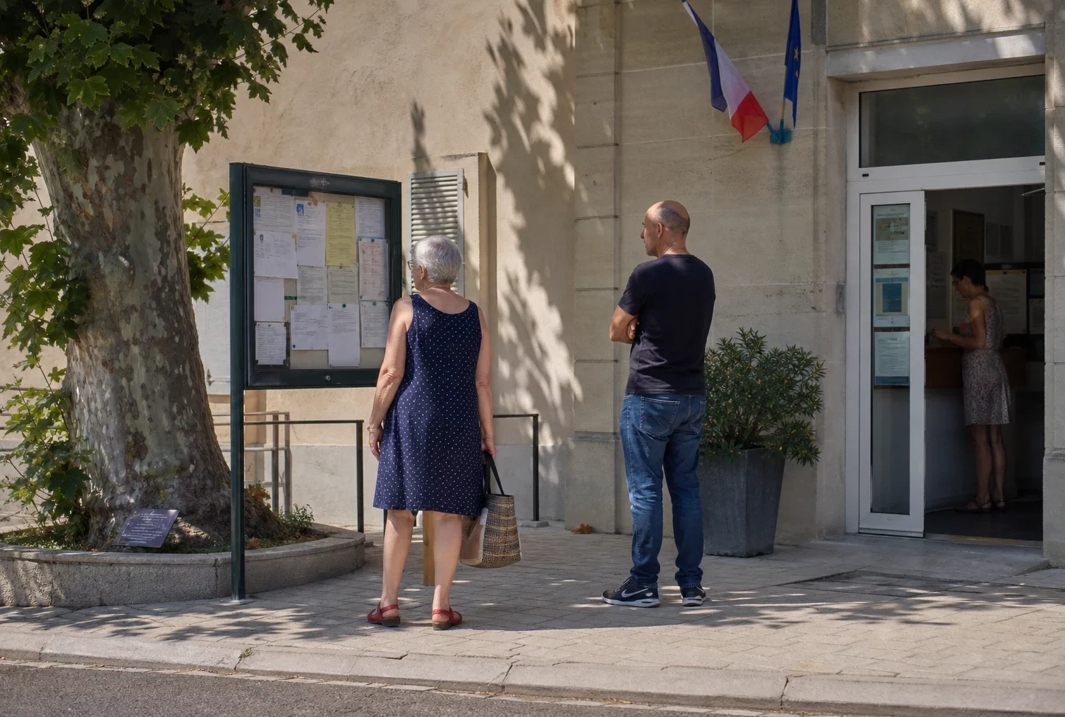 Des habitants arrivent devant une mairie française par forte chaleur, dans une scène de service public lumineuse et réaliste.