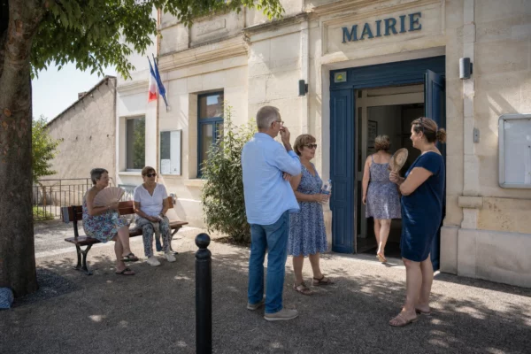 Des habitants attendent à l’ombre devant une mairie française pendant une forte chaleur.