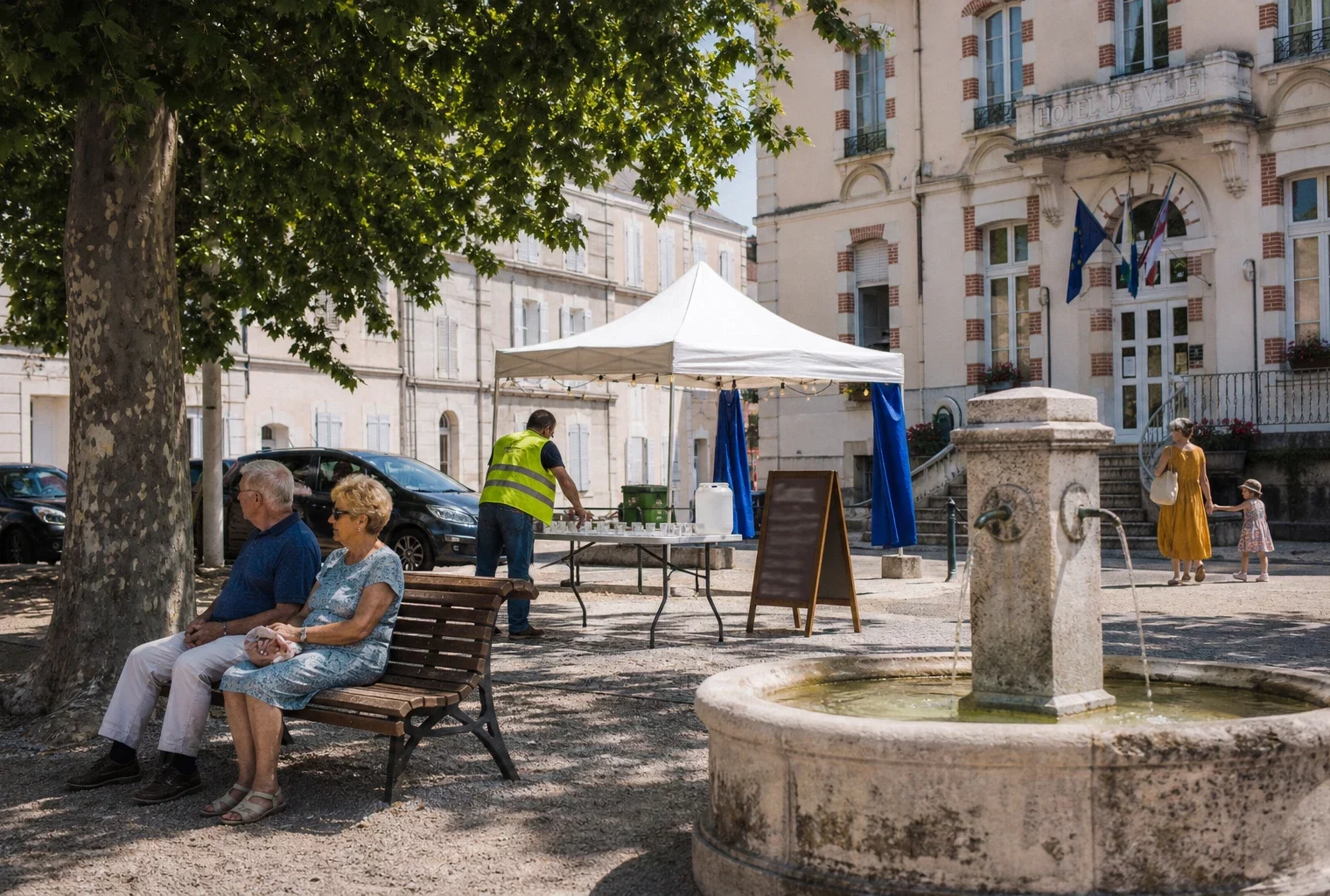 Place de ville moyenne en pleine canicule, habitants anonymes à l’ombre près d’une mairie et d’un point d’eau.