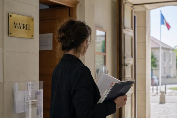 Collaborateur municipal de dos dans un couloir de mairie, carnet en main, avec la façade de la mairie en arrière-plan.