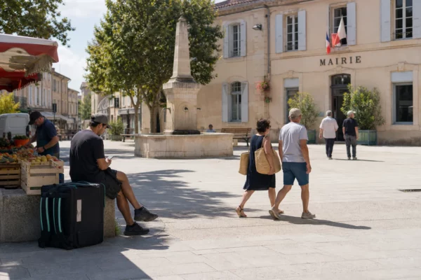 Une place de ville moyenne française avec la mairie, un marché de quartier et des passants en plein été.