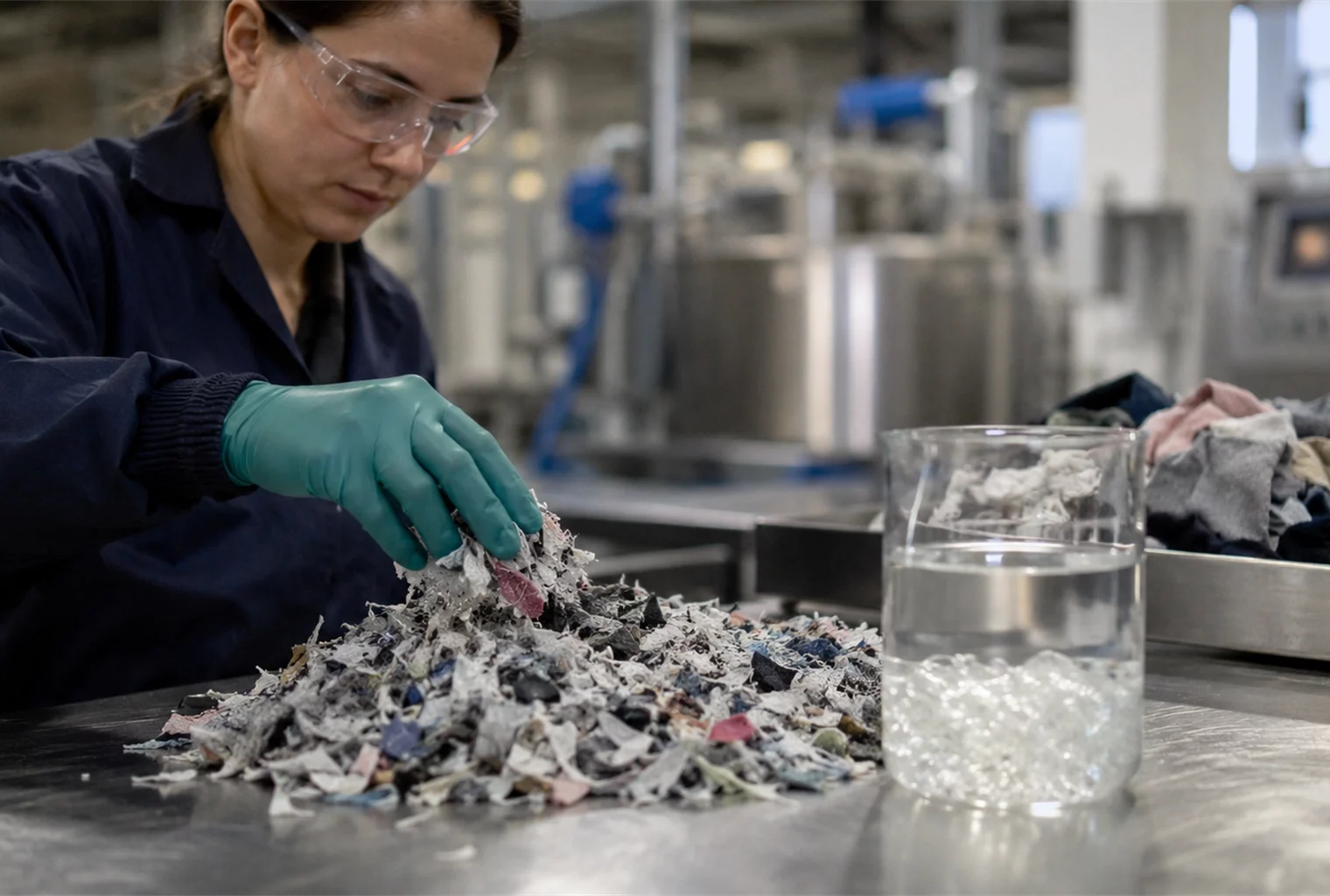 Technicienne triant des fibres de polyester déchiquetées dans un atelier industriel de recyclage textile.