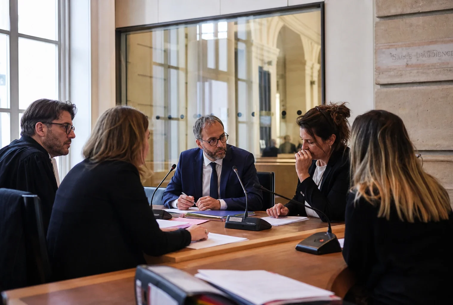 Réunion institutionnelle au palais de justice avec cinq personnes anonymes autour d’une table et des dossiers ouverts.