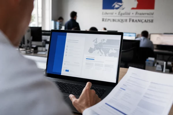 Vue de bureau en plongée légère avec écran d’ordinateur affichant une interface juridique abstraite, main floue au premier plan.