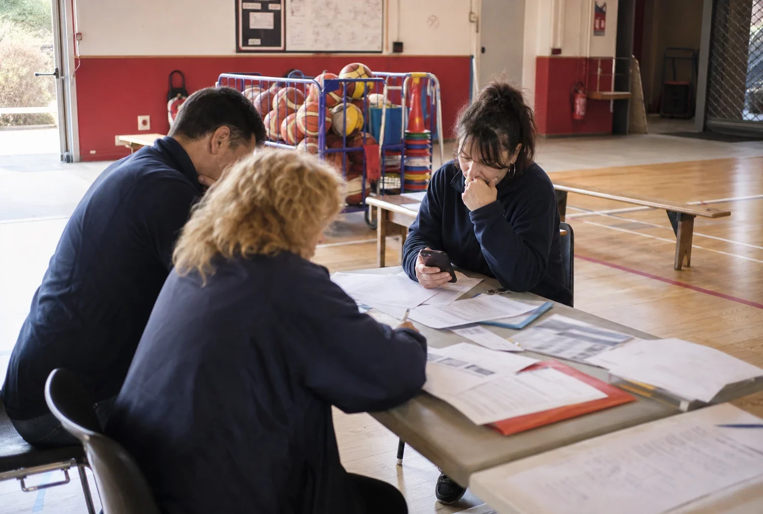 Dans un gymnase municipal, des membres d’un club local consultent des papiers autour d’une table, en lumière naturelle.