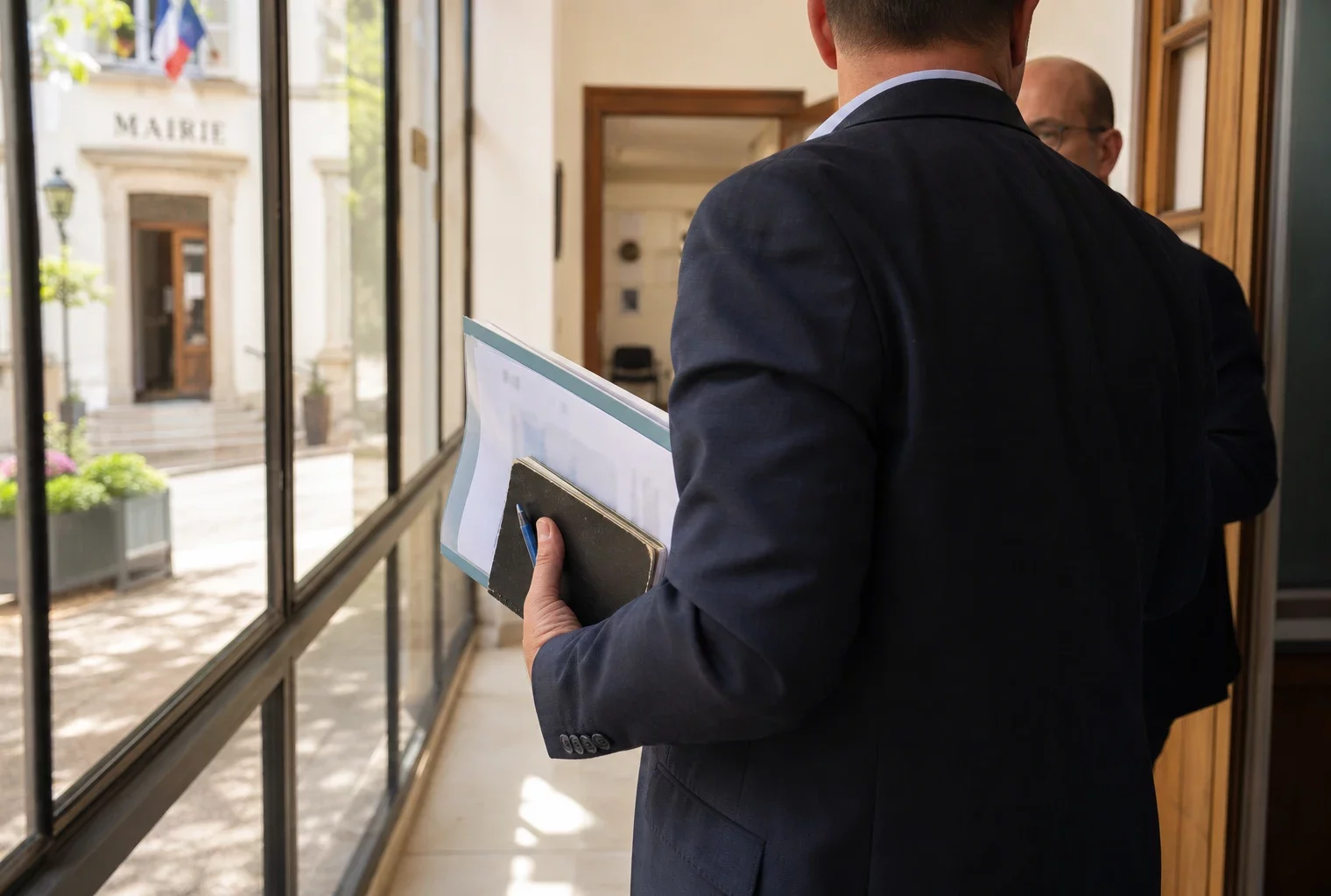Un collaborateur politique anonyme avec carnet et dossier dans un couloir de mairie, en lumière naturelle.