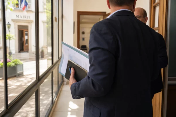 Un collaborateur politique anonyme avec carnet et dossier dans un couloir de mairie, en lumière naturelle.