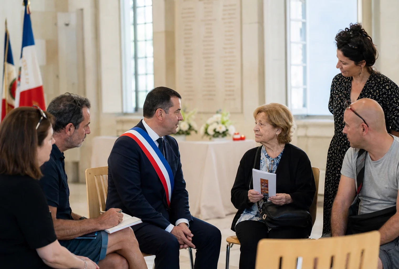 Groupe de cinq personnes lors d’une cérémonie mémorielle à Nice, dans une salle civique lumineuse.