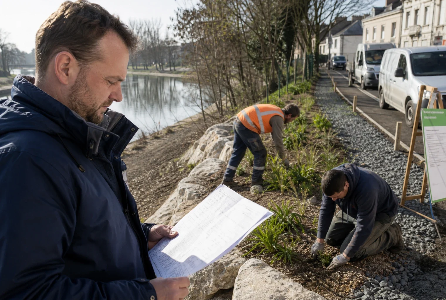 Chantier discret sur une berge française avec techniciens municipaux et végétation de rive