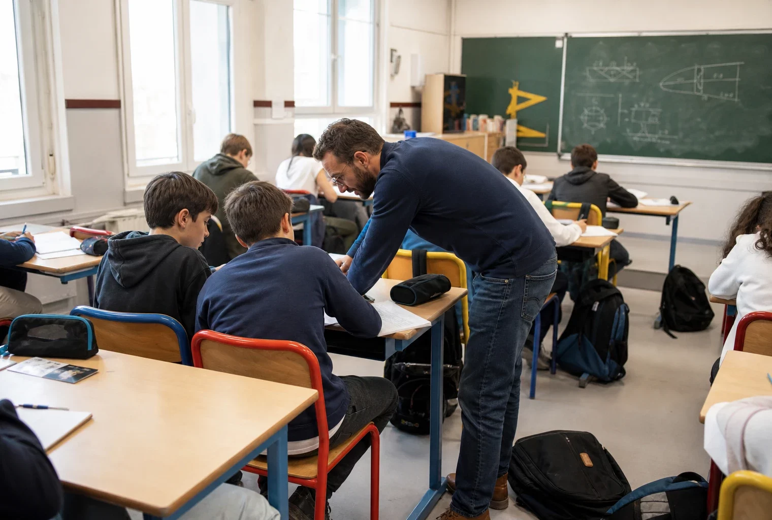 Classe française lumineuse avec enseignant aidant des élèves autour de cahiers et de cartables.