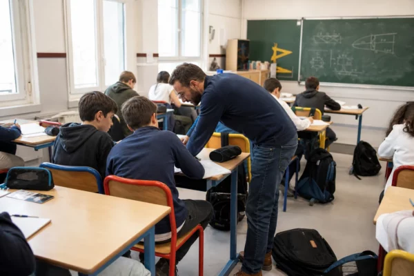Classe française lumineuse avec enseignant aidant des élèves autour de cahiers et de cartables.
