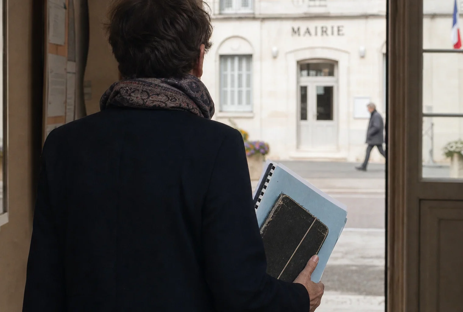 Un élu local vu de dos dans une mairie lumineuse, carnet en main, avec la rue en arrière-plan.