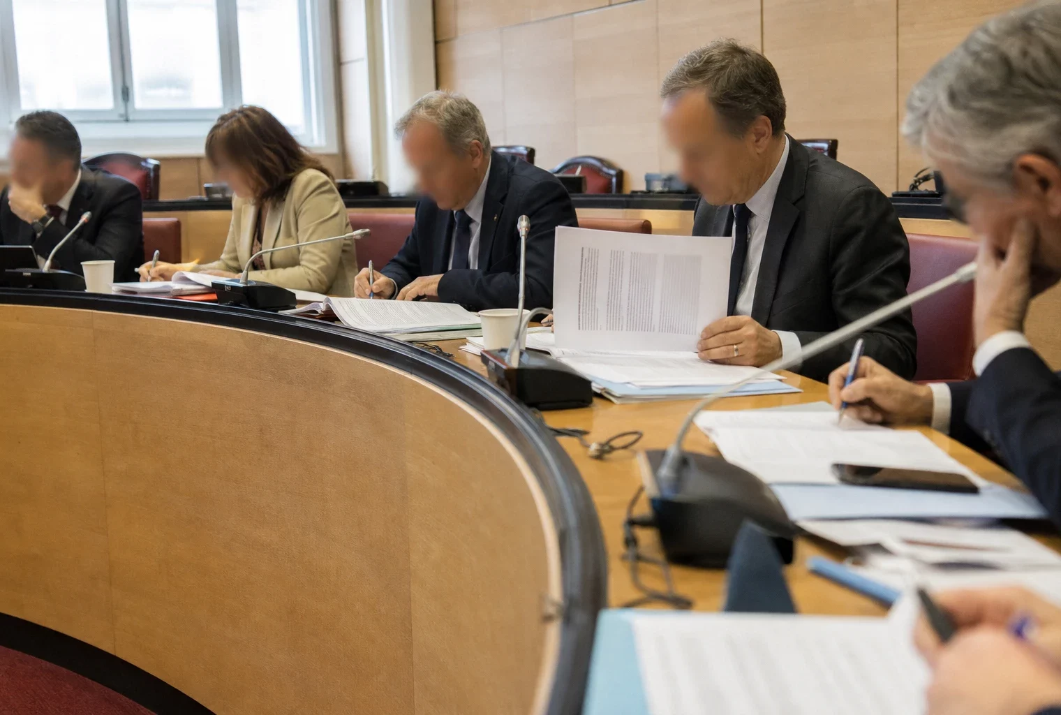 Réunion de commission parlementaire avec dossiers et micros autour des avantages accordés aux anciens Premiers ministres