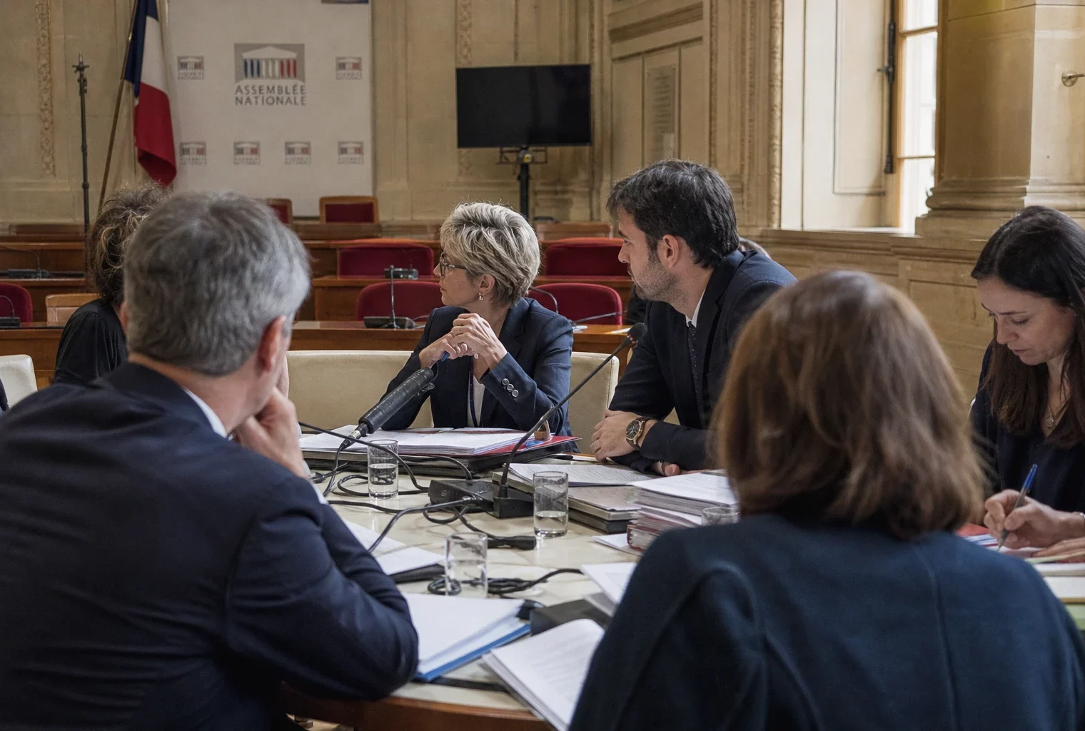 Réunion de commission à l’Assemblée nationale avec micros, dossiers ouverts et silhouettes anonymes en discussion.