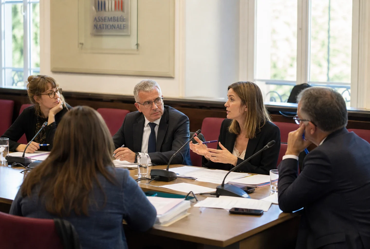 Audition parlementaire sur la canicule dans une salle de commission, avec micros, dossiers et cinq personnes anonymes