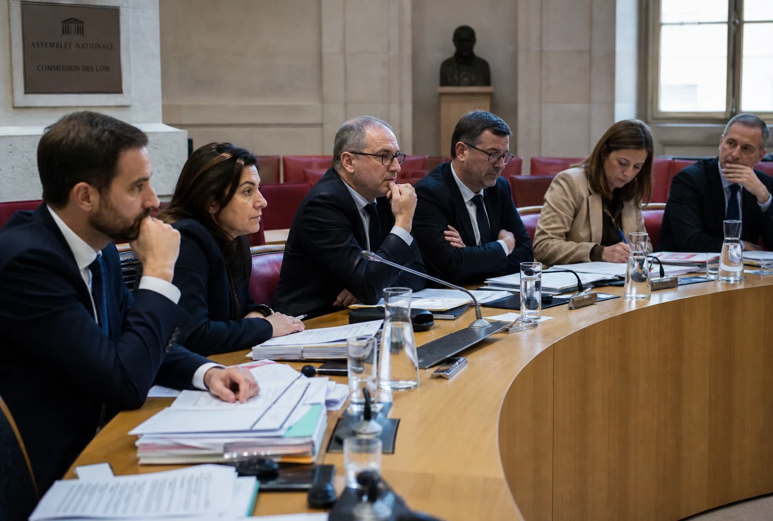 Réunion de commission à l’Assemblée nationale avec plusieurs députés autour de micros et de dossiers