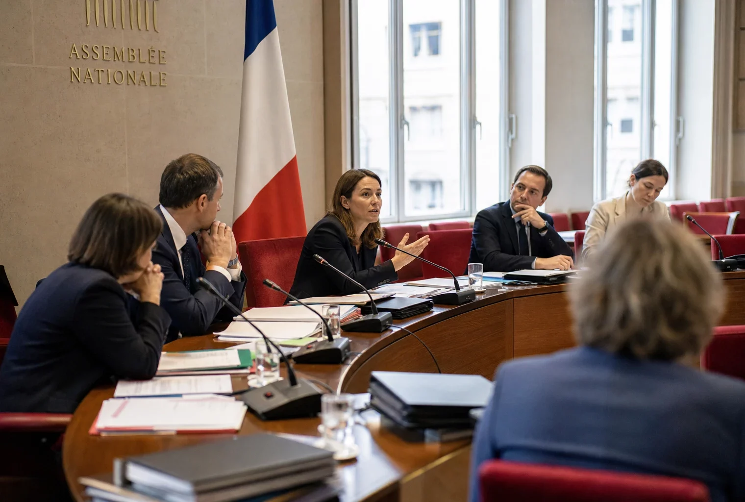 Réunion de la commission des lois à l’Assemblée nationale avec députés, micros et dossiers ouverts.
