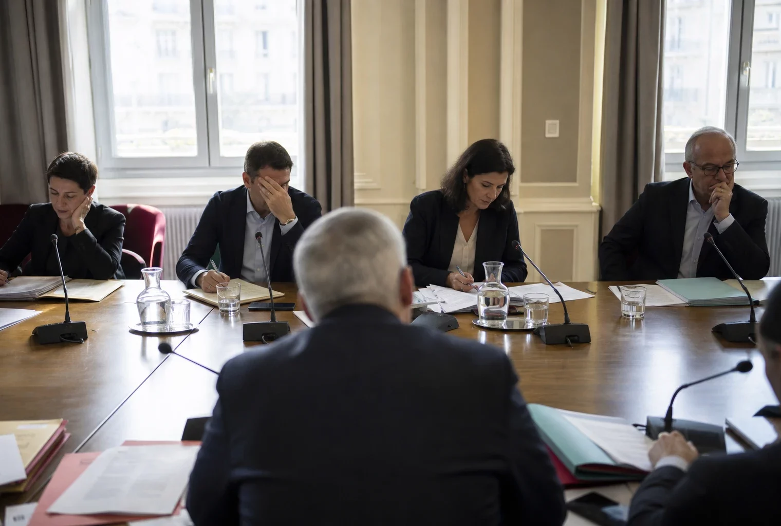 Audition parlementaire française avec micros, dossiers ouverts et silhouettes anonymes autour d’une table de commission.