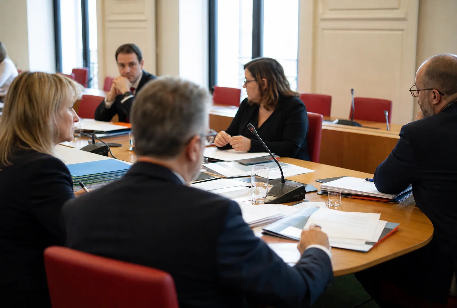 Réunion de commission parlementaire en France avec micros, dossiers et silhouettes anonymes autour d’une table.