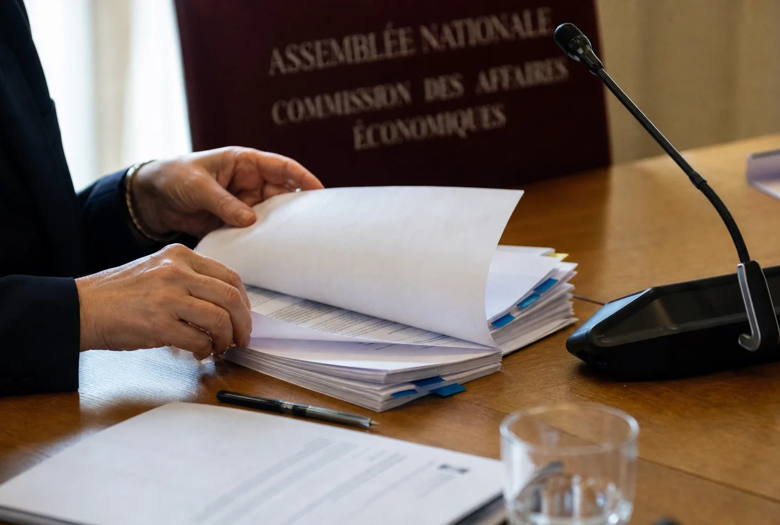 Dossier parlementaire et micro de commission manipulés par des mains anonymes dans une salle d’audition éclairée à la fenêtre