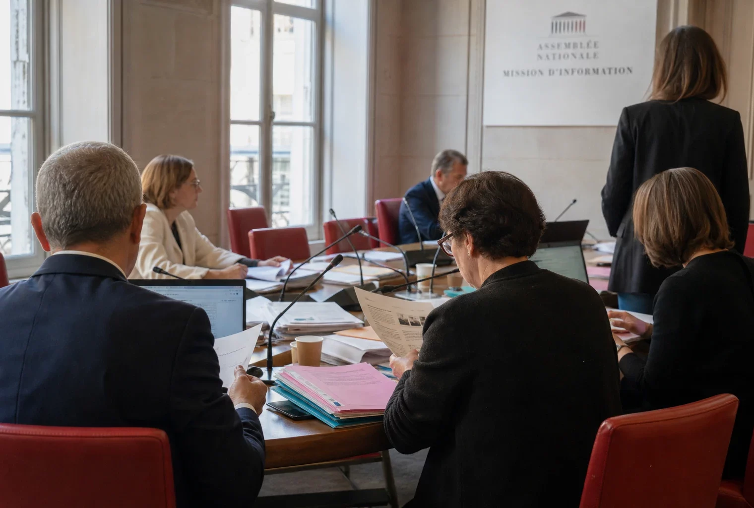 Réunion de commission parlementaire en France avec micros, dossiers et silhouettes anonymes dans une lumière claire.