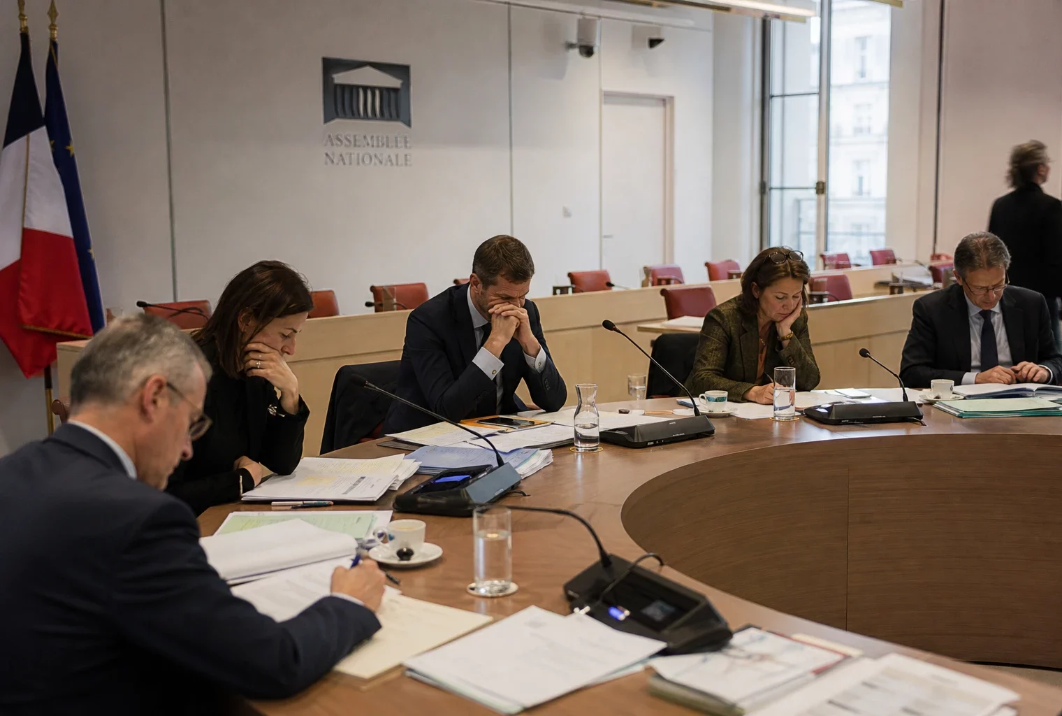 Réunion de commission parlementaire avec micros, dossiers ouverts et silhouettes anonymes sous une lumière naturelle claire.