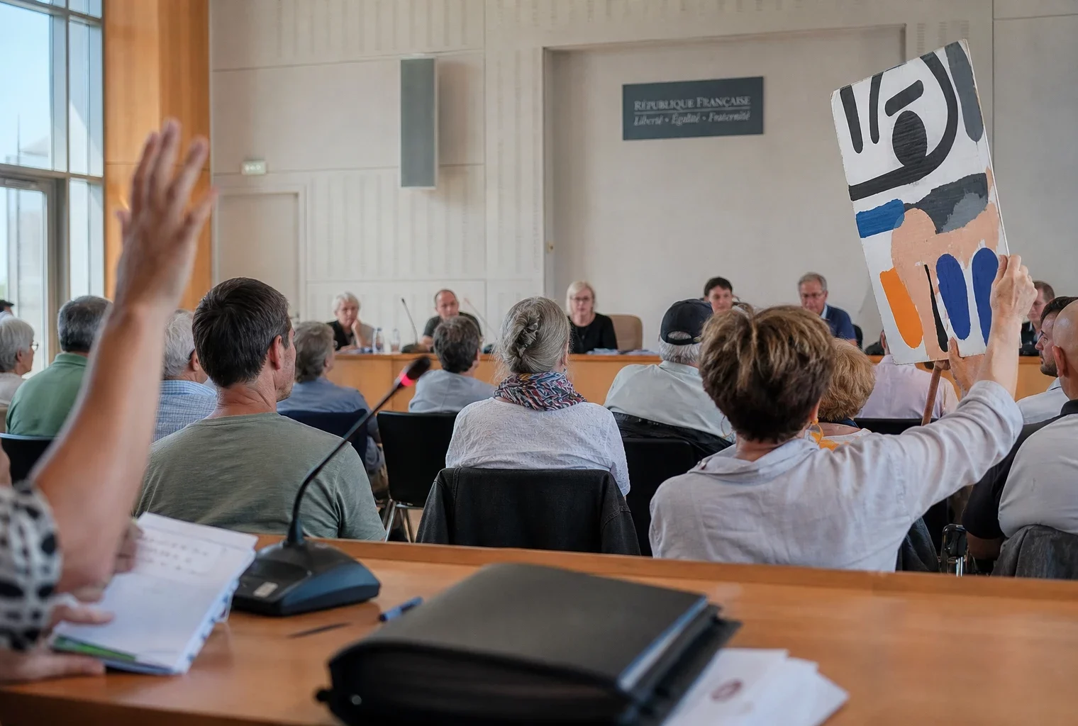 Salle publique française avec micro, dossier juridique flou et main levée lors d’un débat sur les libertés publiques.