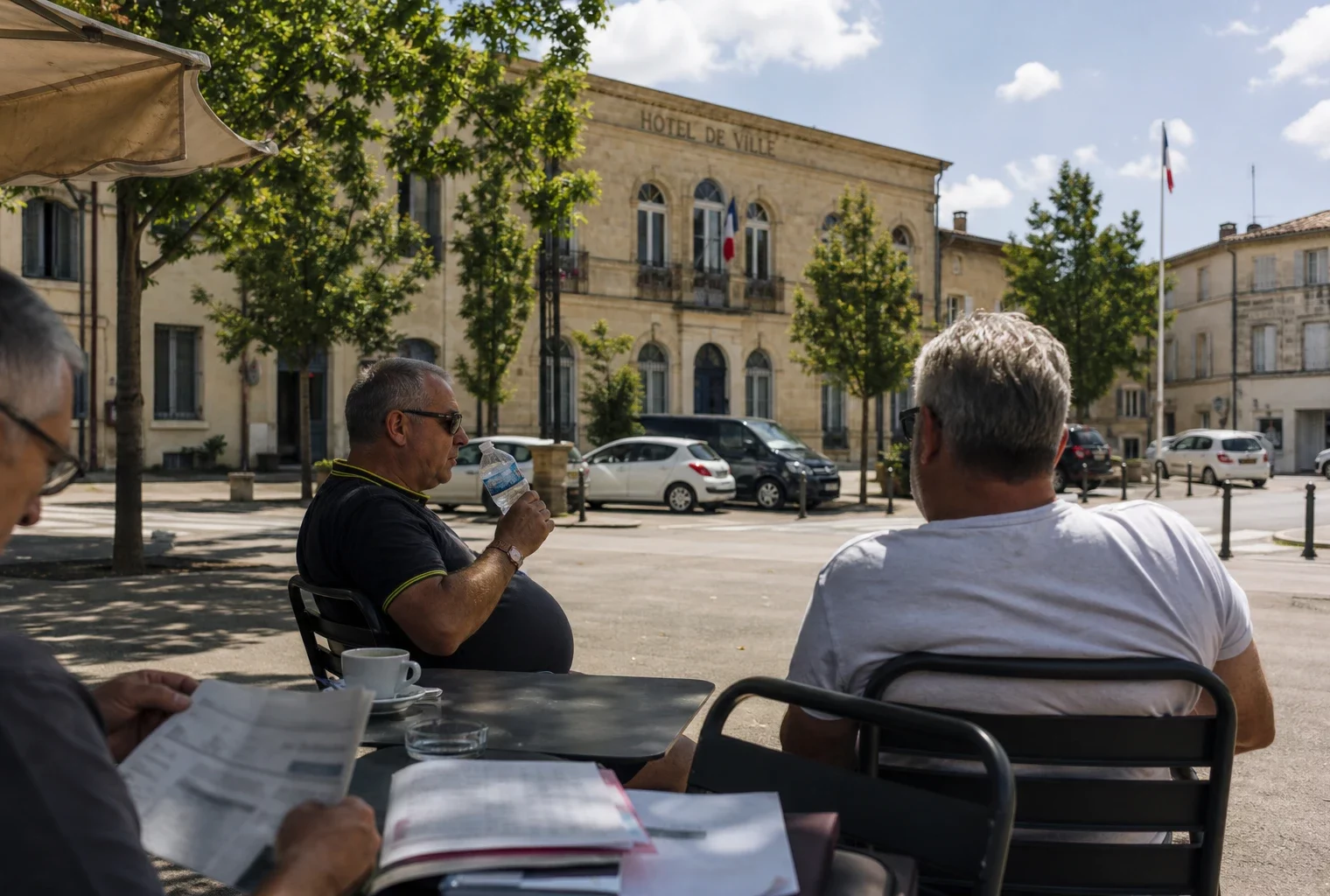 Scène de rue française en plein été, avec habitants anonymes, mairie en arrière-plan et ambiance de reportage.