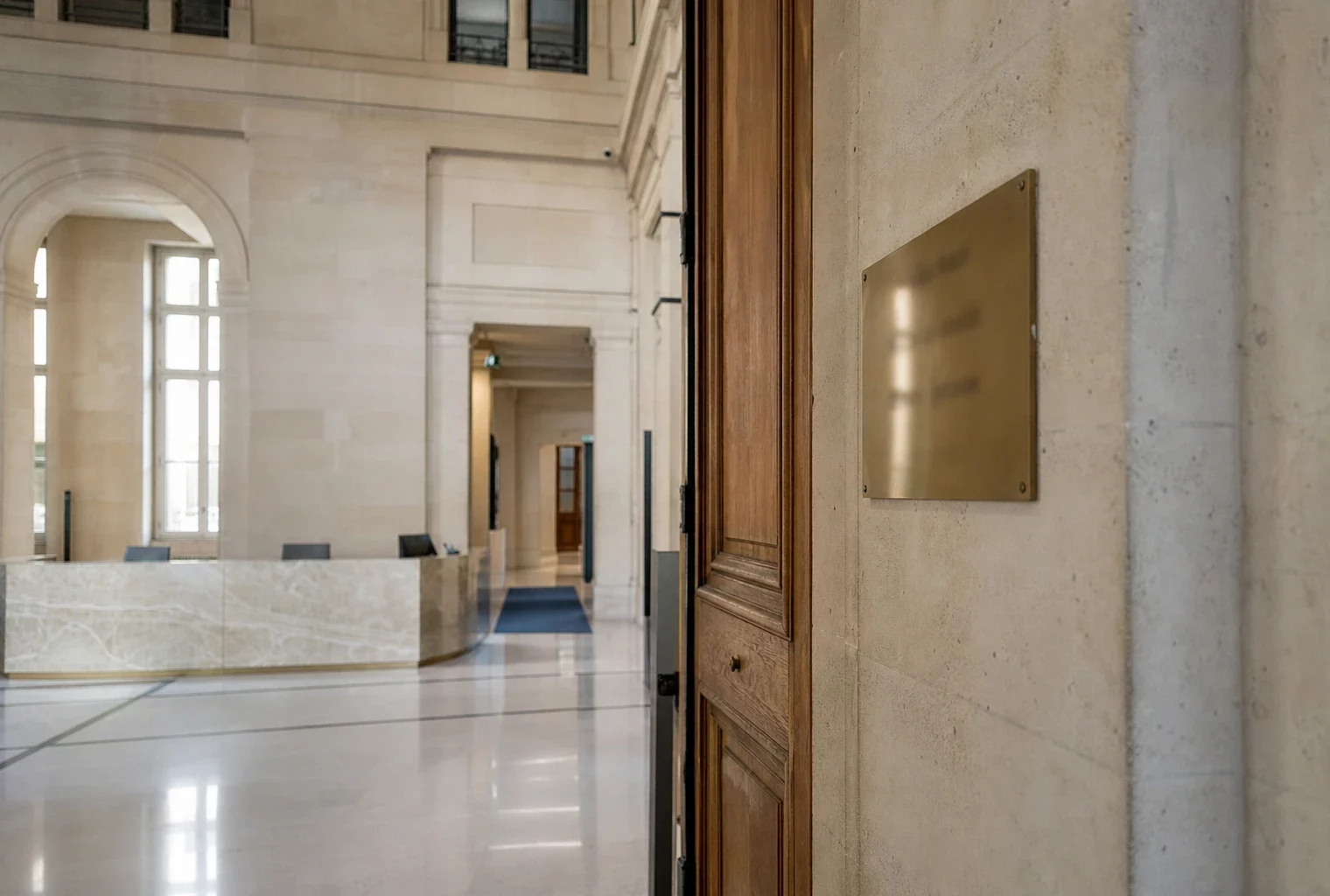 Hall institutionnel lumineux et porte sobre évoquant le Conseil constitutionnel, en photo de presse réaliste.