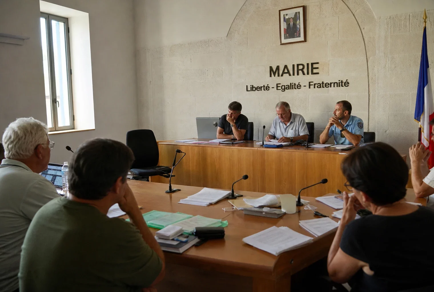 Salle municipale en Andalousie avec chaises vides, micros et dossiers après l’incendie de Los Gallardos.