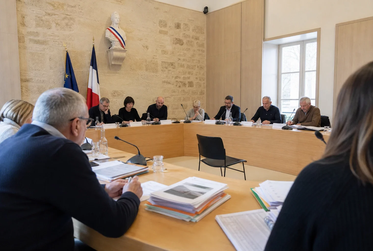Salle de conseil municipal en plan large, chaise vide, micros et dossiers flous sous une lumière naturelle claire.