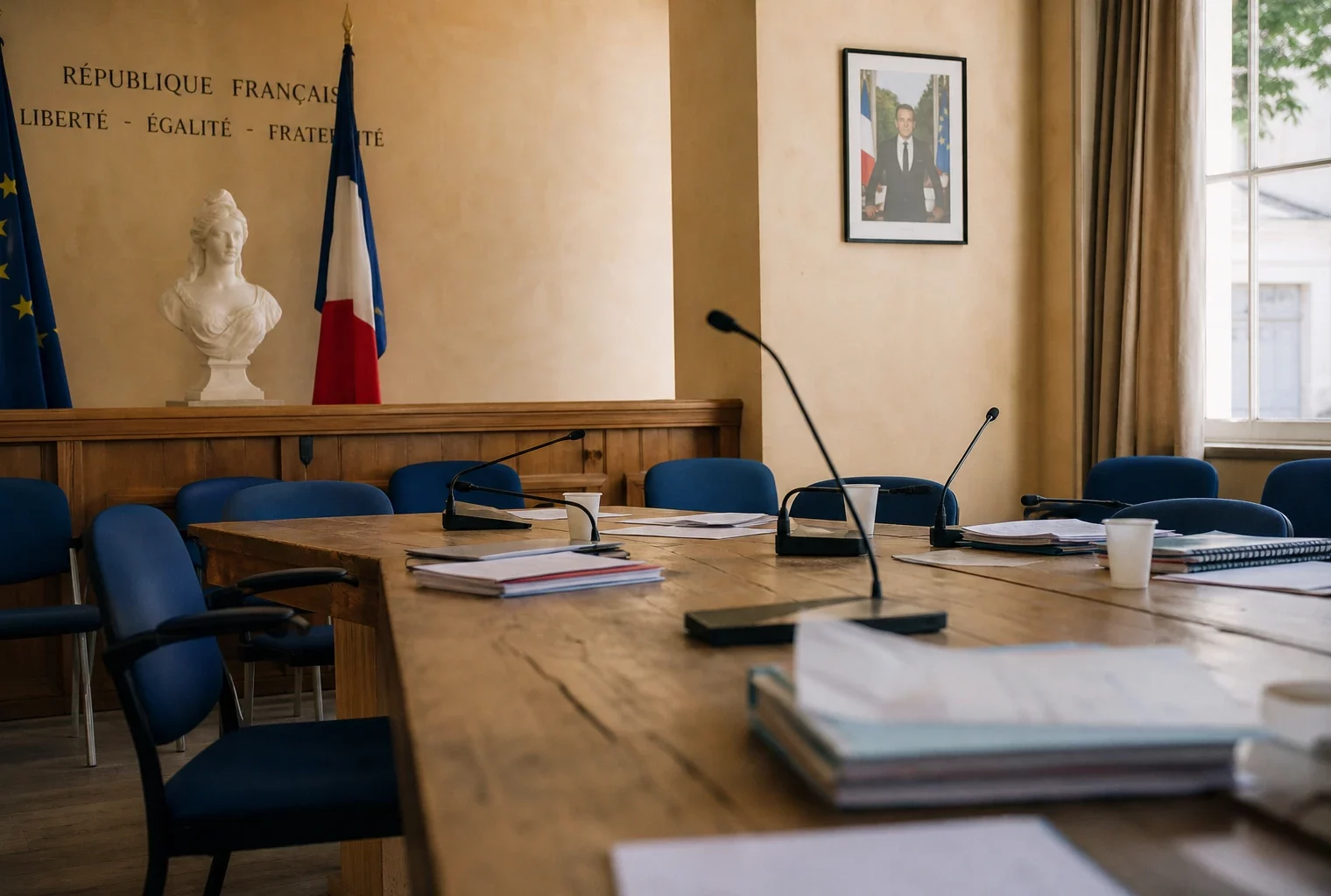 Salle de conseil municipal française avec chaise vide, micros et dossiers sur la table, vue oblique en lumière naturelle.