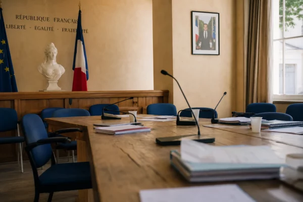 Salle de conseil municipal française avec chaise vide, micros et dossiers sur la table, vue oblique en lumière naturelle.